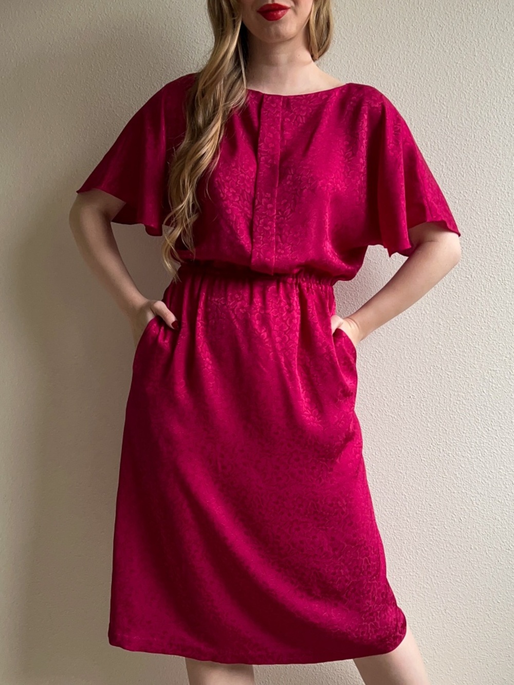 Vintage 1980s Raspberry Floral Silk Jacquard Dress (S/M)